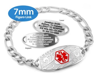 Engraved 7mm Figaro Link Medical Alert ID Bracelet by MedicEngraved® – Stainless Steel