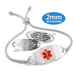 MedicEngraved™ 316L Stainless Steel 2mm Bolo Bracelet with Medical ID Tag - Engraving Included