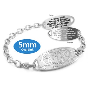 MedicEngraved™ 316L Stainless Steel 5mm Oval Link Bracelet with Interchangeable Medical ID Tag (Star of Life) - Engraving Included