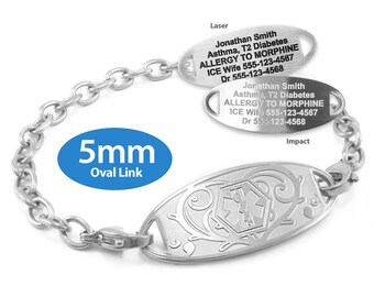 MedicEngraved™ 316L Stainless Steel 5mm Oval Link Bracelet with Interchangeable Medical ID Tag (Star of Life) - Engraving Included