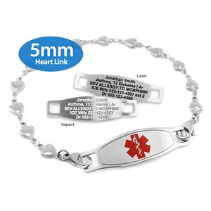 MedicEngraved™ 316L Stainless Steel 5mm Heart Link Bracelet with Interchangeable Medical ID Tag Star of Life Engraving Included image 5