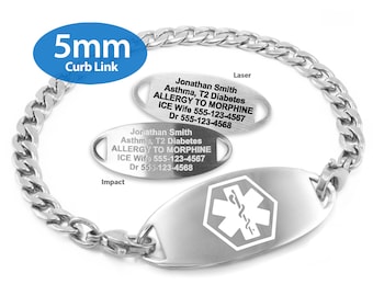 MedicEngraved™ 316L Stainless Steel 5mm Curb Link Bracelet with Interchangeable Medical ID Tag (Star of Life) - Engraving Included