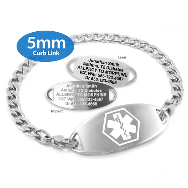 MedicEngraved™ 316L Stainless Steel 5mm Curb Link Bracelet with Interchangeable Medical ID Tag (Star of Life) - Engraving Included