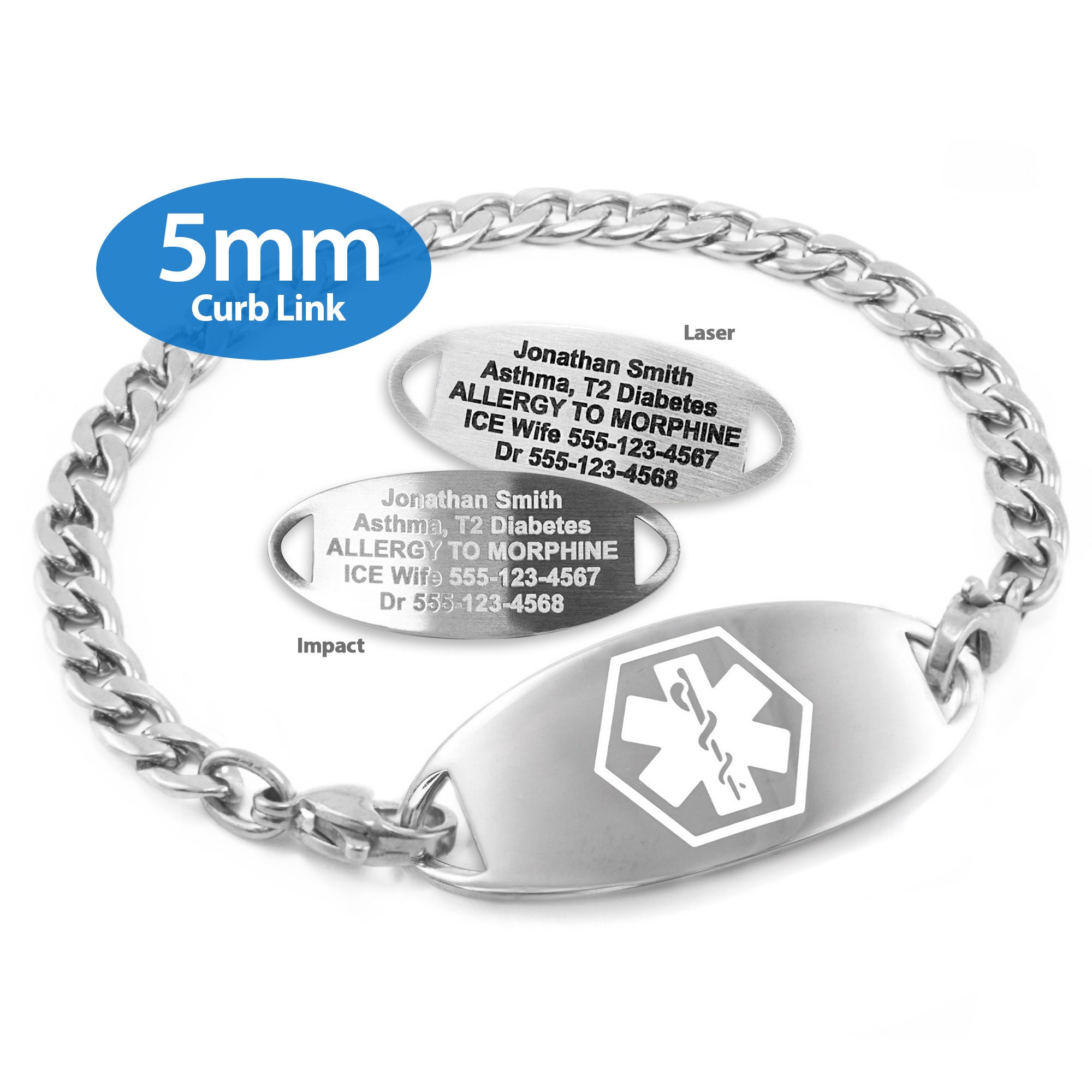 MedicEngraved® 5mm Curb Link Bracelet in 316L Stainless Steel with Interchangeable Medical ID Tag (Star of Life) - Engraving Included