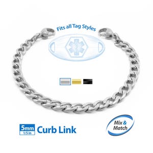 Medical Alert ID Replacement Mix & Match 5mm Curb Bracelet Band (No Tag) by MedicEngraved® - Stainless Steel