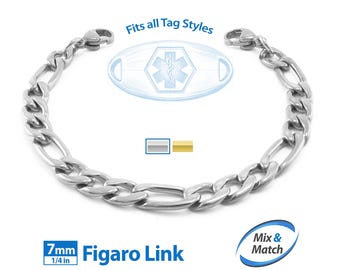 Medical Alert ID Replacement Mix & Match 7mm Figaro Bracelet Band (No Tag) by MedicEngraved® - Stainless Steel