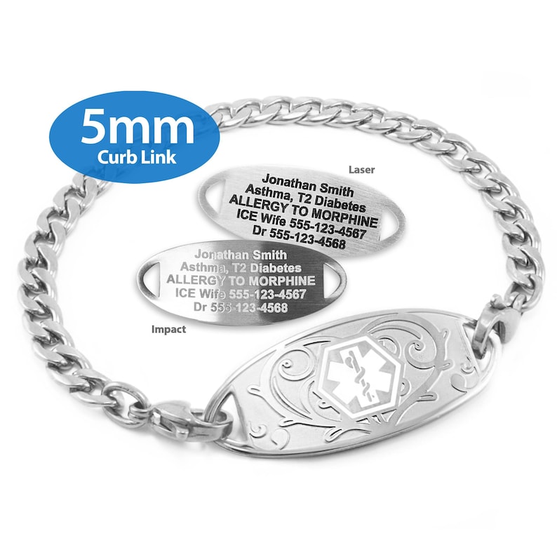 A silver bracelet with three engraved labels attached to it.