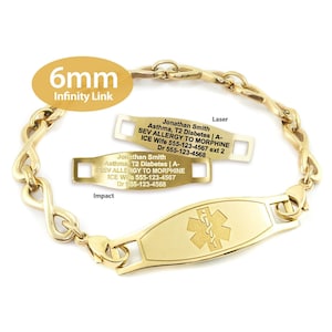 Engraved 6mm Infinity Link Medical Alert ID Bracelet by MedicEngraved® – Yellow Gold Stainless Steel