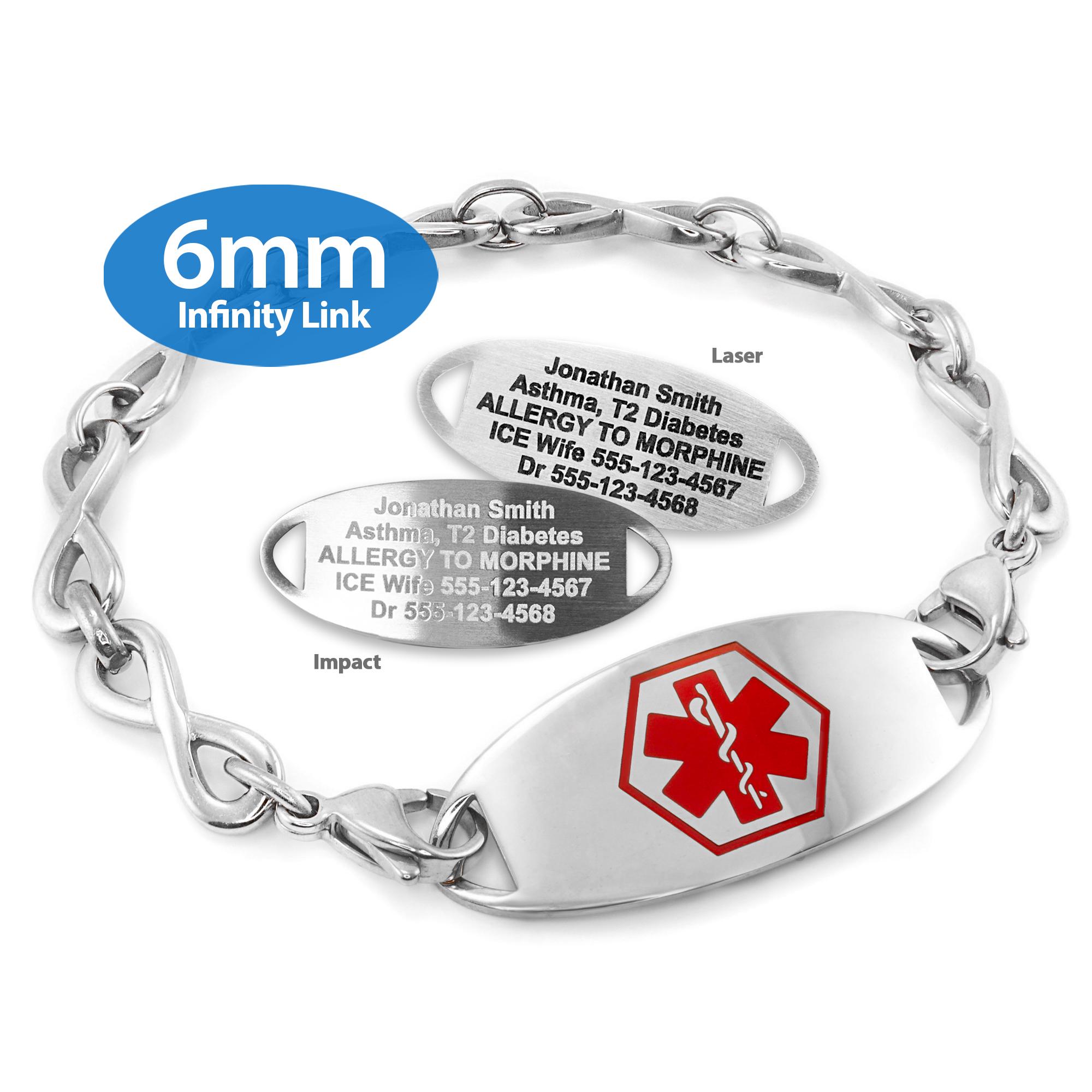 Engraved 6mm Infinity Link Medical Alert ID Bracelet by