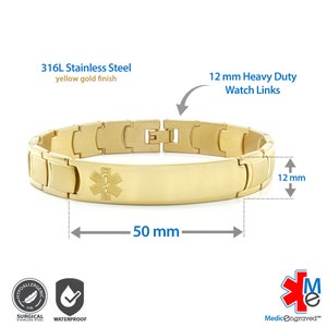 May include: A gold medical ID bracelet with a 12 mm wide band and a 50 mm long engraved plate. The plate features a medical symbol and the text "MedicEngraved". The bracelet is made of 316L stainless steel with a yellow gold finish.