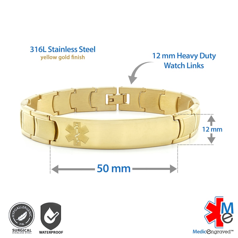 May include: A gold medical ID bracelet with a 12 mm wide band and a 50 mm long engraved plate. The plate features a medical symbol and the text "MedicEngraved". The bracelet is made of 316L stainless steel with a yellow gold finish.