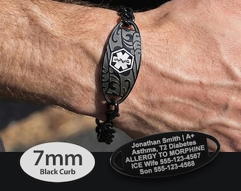 Engraved 7mm Curb Link Medical Alert ID Bracelet by MedicEngraved® – Black Stainless Steel