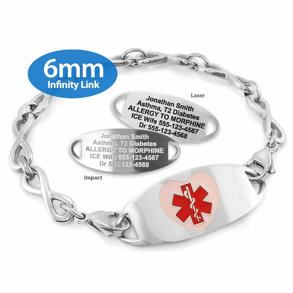 MedicEngraved™ 316L Stainless Steel 6mm Infinity Link Bracelet with Interchangeable Medical ID Tag (Star of Life) - Engraving Included