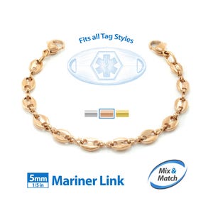 a gold-colored bracelet with a mariner-style charm, and it is described as a 5mm Mariner Link.