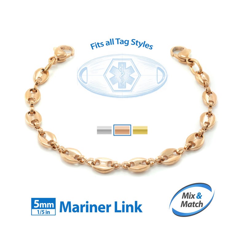 a gold-colored bracelet with a mariner-style charm, and it is described as a 5mm Mariner Link.