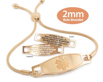 May include: A gold bolo bracelet with a 2mm chain and a medical ID tag. The tag is engraved with the text "Jonathan Smith Asthma, T2 Diabetes | A- SEV ALLERGY TO MORPHINE ICE Wife 555-123-4567 ext 2 Dr 555-123-4568" and features a red star of life symbol.