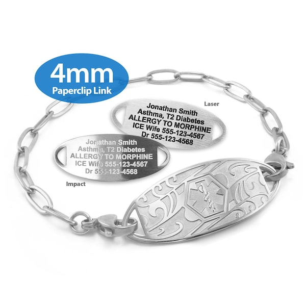 Engraved 4mm Paperclip Link Medical Alert ID Bracelet by MedicEngraved® – Stainless Steel