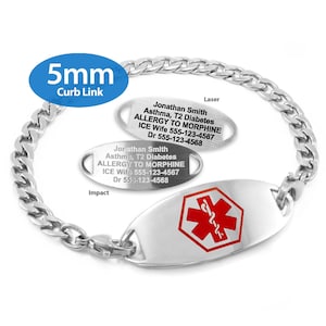 a silver-colored metal bracelet with a 5mm curb link attached to it. The bracelet has a red cross symbol on it, which is commonly associated with medical or emergency situations.