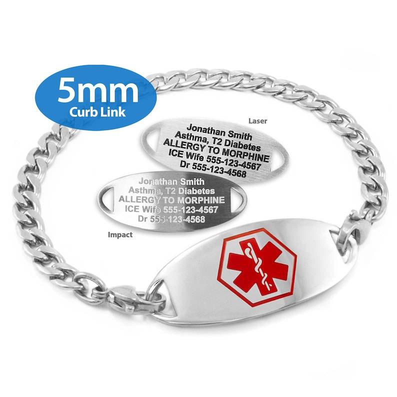 a silver-colored metal bracelet with a 5mm curb link attached to it. The bracelet has a red cross symbol on it, which is commonly associated with medical or emergency situations.