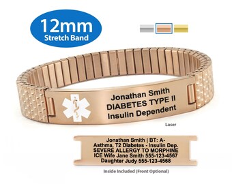 Engraved 12mm Expandable Stretch Band Medical Alert ID Bracelet by MedicEngraved® – Rose Gold Stainless Steel