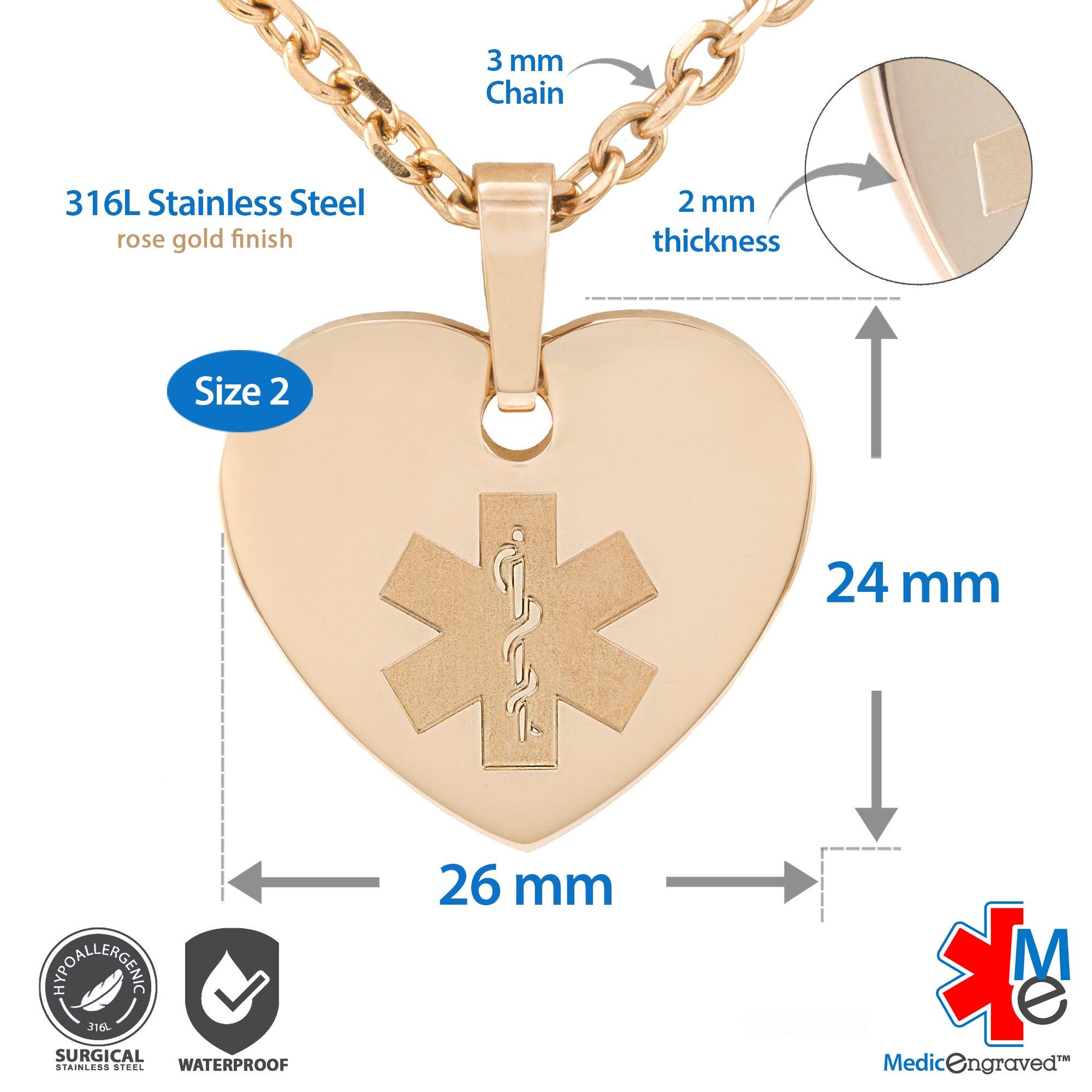 Jewellery Bracelets ID & Medical Bracelets MedicEngraved™ 316L Stainless Steel 24x26mm Heart Pendant with custom sized 3mm Link Necklace Medical Engraving Included 