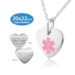 MedicEngraved® Heart Medical ID Necklace (20x22mm) in 316L Stainless Steel with 2mm Oval Link Necklace - Engraving Included