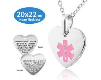 MedicEngraved® Heart Medical ID Necklace (20x22mm) in 316L Stainless Steel with 2mm Oval Link Necklace - Engraving Included