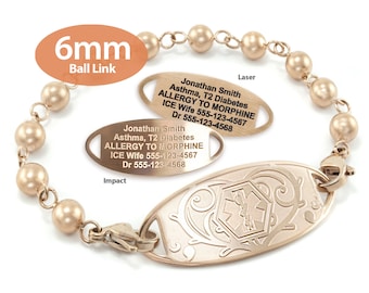 Engraved 6mm Solid Ball Link Medical Alert ID Bracelet by MedicEngraved® – Rose Gold Stainless Steel