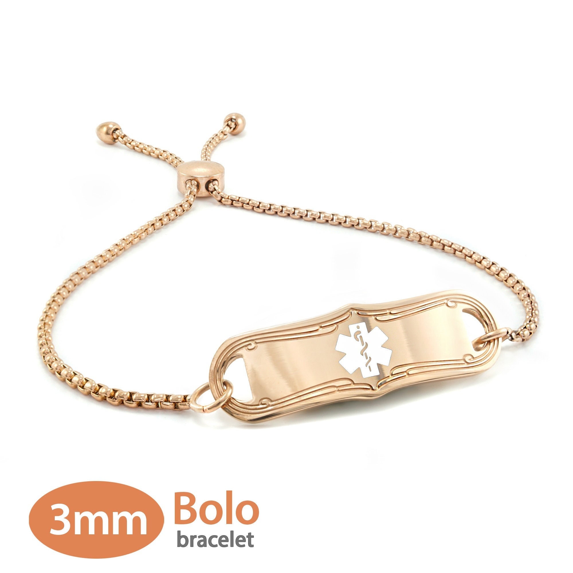 MedicEngraved™ 316L Stainless Steel 3mm Rose Gold Bolo Bracelet with Medical ID Tag - Engraving Included