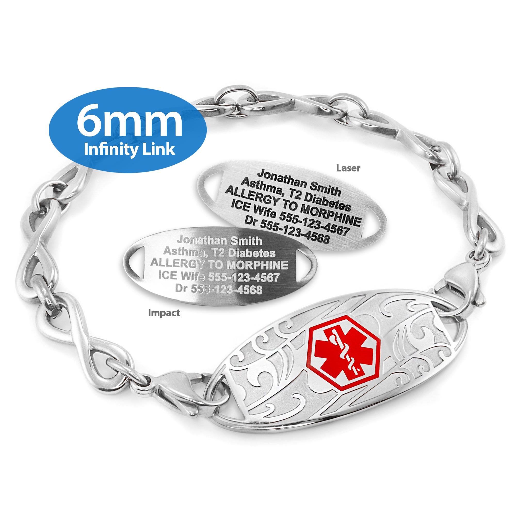 Six Trece & 1199 Bracelet 新品未使用品 Engraved 6mm Infinity Link Medical Alert ID Bracelet by