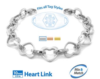 Medical Alert ID Replacement Mix & Match 10mm Heart Link Bracelet Band (No Tag) by MedicEngraved® - Stainless Steel