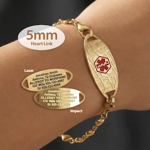 Engraved 5mm Heart Link Medical Alert ID Bracelet by MedicEngraved® – Yellow Gold Stainless Steel