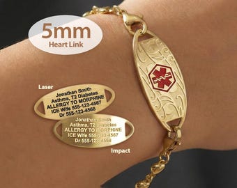 Engraved 5mm Heart Link Medical Alert ID Bracelet by MedicEngraved® – Yellow Gold Stainless Steel