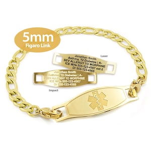 Engraved 5mm Figaro Link Medical Alert ID Bracelet by MedicEngraved® – Yellow Gold Stainless Steel