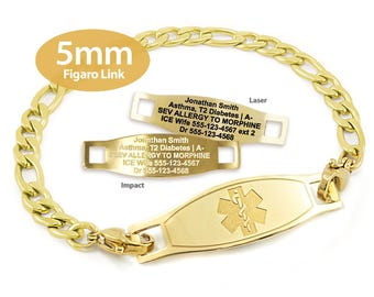 Engraved 5mm Figaro Link Medical Alert ID Bracelet by MedicEngraved® – Yellow Gold Stainless Steel