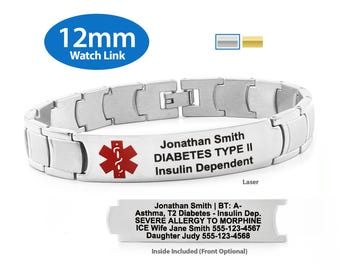 Engraved 12mm Watch Link Medical Alert ID Bracelet by MedicEngraved® – Stainless Steel