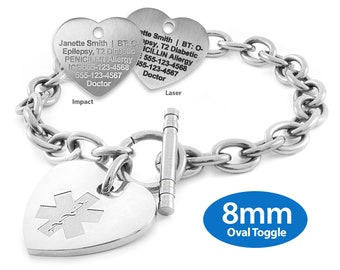 MedicEngraved™ 316L Stainless Steel 8mm Toggle Link Bracelet with 24x26mm Heart Medical ID Charm (Star of Life) - Engraving Included