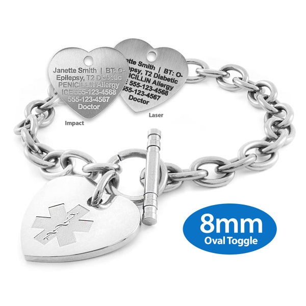 MedicEngraved™ 316L Stainless Steel 8mm Toggle Link Bracelet with 24x26mm Heart Medical ID Charm (Star of Life) - Engraving Included
