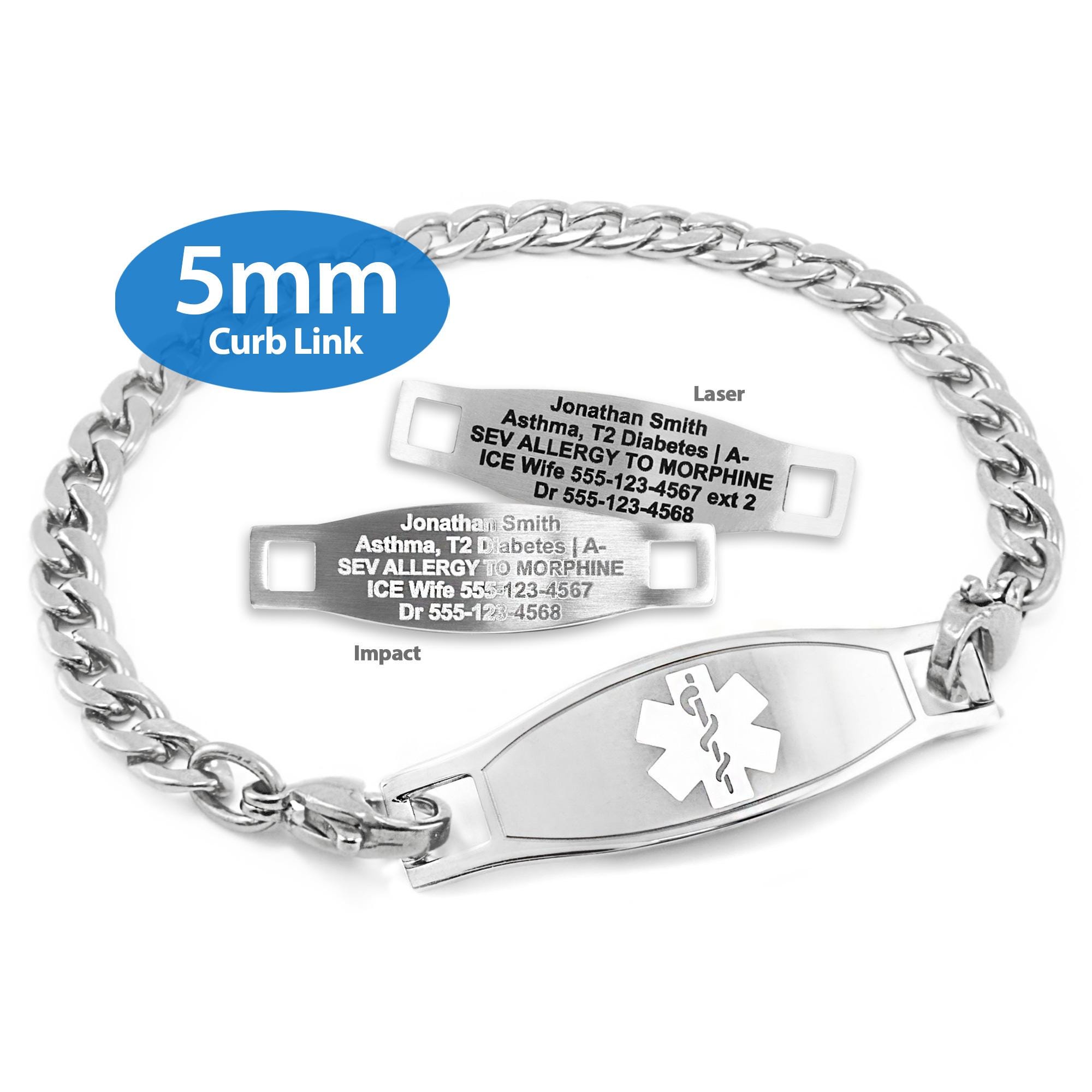 健康アクセサリー MiRaKuRu PLUS Engraved 5mm Curb Link Medical Alert ID Bracelet by Medicengraved