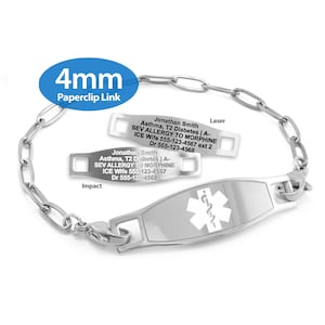 MedicEngraved® 4mm Paperclip Link Bracelet in 316L Stainless Steel with Interchangeable Medical ID Tag (Star of Life) - Engraving Included