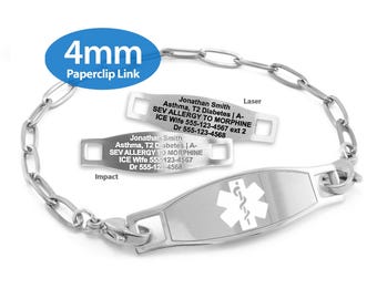 MedicEngraved® 4mm Paperclip Link Bracelet in 316L Stainless Steel with Interchangeable Medical ID Tag (Star of Life) - Engraving Included