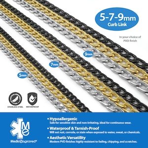 a variety of stainless steel chain necklaces with different link colors, including gold, silver, black, and black-and-white. The necklaces are arranged in a row, showcasing their different sizes and link colors.
