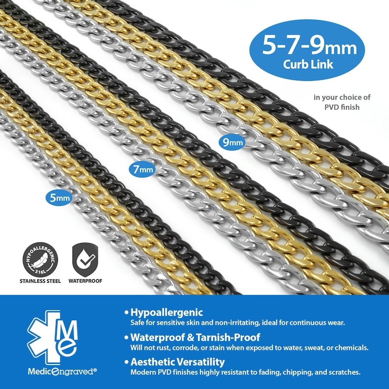 a variety of stainless steel chain necklaces with different link colors, including gold, silver, black, and black-and-white. The necklaces are arranged in a row, showcasing their different sizes and link colors.