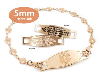 Engraved 5mm Heart Link Medical Alert ID Bracelet by MedicEngraved® – Rose Gold Stainless Steel