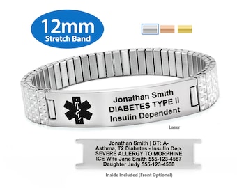 Engraved 12mm Expandable Stretch Band Medical Alert ID Bracelet by MedicEngraved® – Stainless Steel