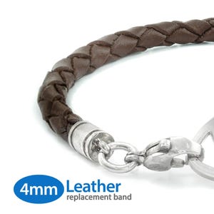 May include: Close-up of a brown braided leather bracelet band with a silver clasp. The band is 4mm wide and designed as a replacement. The text "4mm Leather replacement band" is visible in the image.