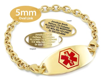 Engraved 5mm Oval Link Medical Alert ID Bracelet by MedicEngraved® – Yellow Gold Stainless Steel