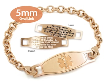 Engraved 5mm Oval Link Medical Alert ID Bracelet by MedicEngraved® – Rose Gold Stainless Steel