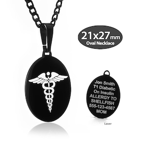 May include: Black oval necklace with a medical symbol pendant and a smaller oval tag with the text "Jon Smith T1 Diabetic On Insulin ALLERGY TO SHELLFISH 555-123-4567 MOM Laser".