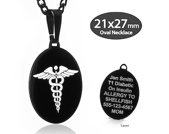 MedicEngraved® Oval Medical ID Necklace (21x27mm) in 316L Stainless Steel Black Finish with 3mm Curb Link Necklace - Engraving Included
